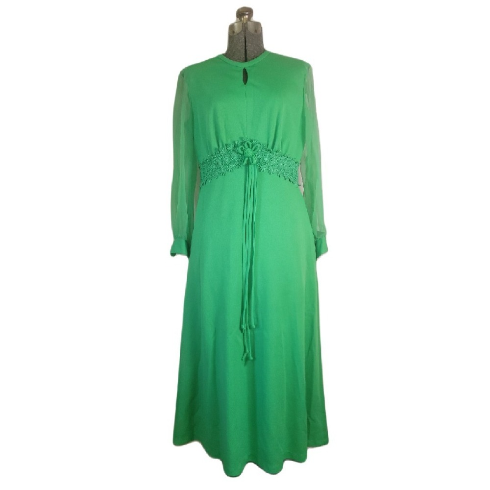 Vintage 60s 70s Green Boho Maxi Dress Volup Mod Gogo Sheer Sleeve Large